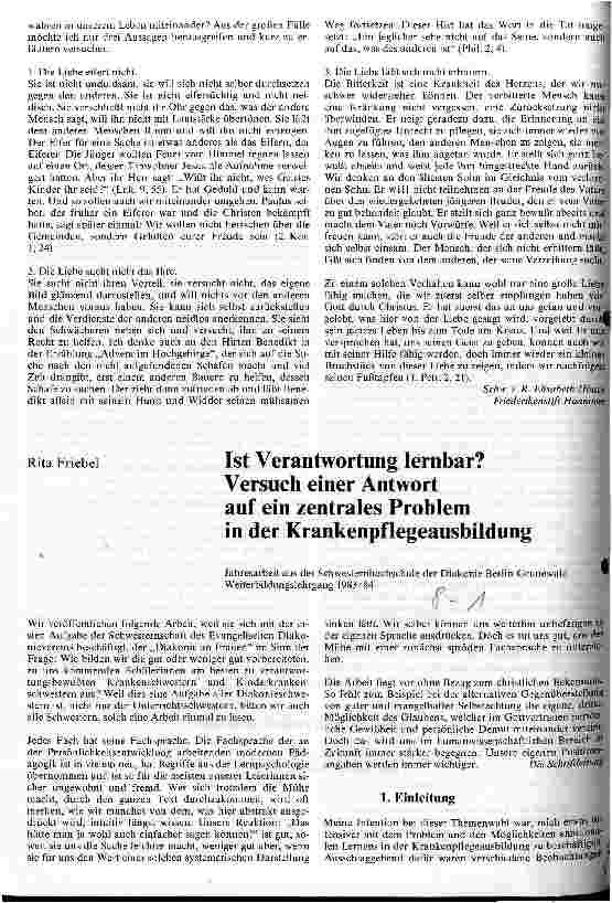 Vorschauseite 1: Ist Verantwortung lernbar? - Versuch einer Antwort auf ein zentrales Problem in der Krankenpflegeausbildung