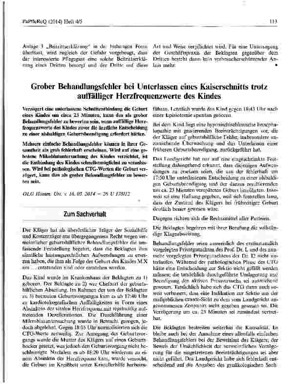Vorschauseite 1: Grober Behandlungsfehler bei Unterlassen eines Kaiserschnitts trotz auffälliger Herzfrequenzwerte des Kindes