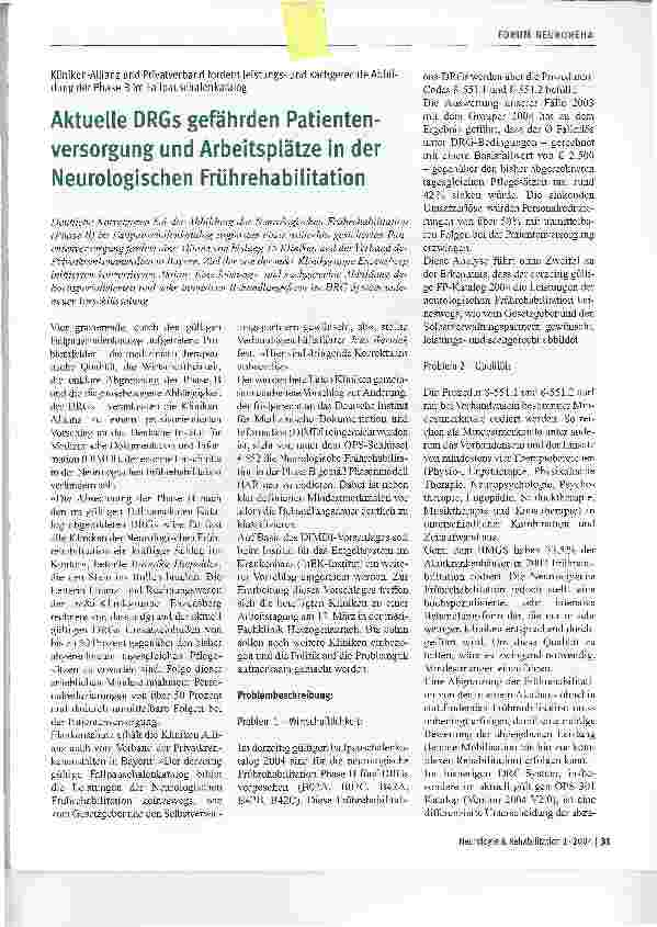 Vorschauseite 1: Aktuelle DRGs gefährden Patientenversorgung und Arbeitsplätze in der Neurologischen Frührehabilitation