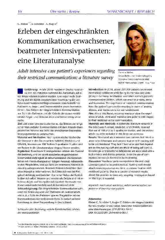 Vorschauseite 1: Erleben der eingeschränkten Kommunikation erwachsener, beatmeter Intensivpatienten: eine Literaturanalyse