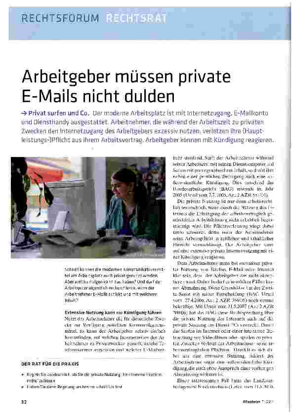 Vorschauseite 1: Arbeitgeber müssen private E-Mails nicht dulden