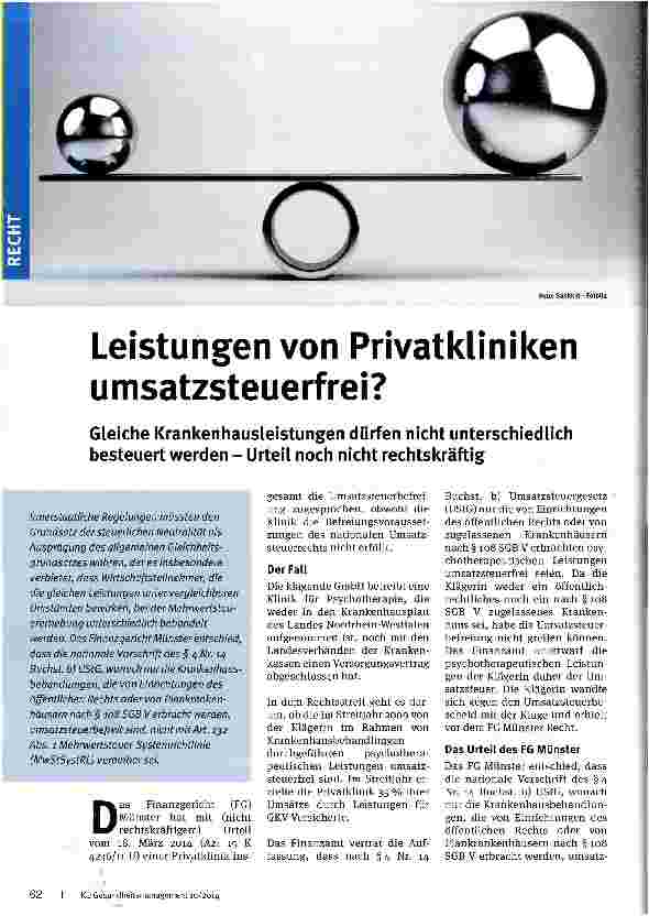 Vorschauseite 1: Leistungen von Privatkliniken umsatzsteuerfrei?