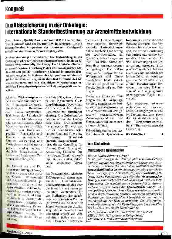 Vorschauseite 1: Qualitätssicherung in der Onkologie: Internationale Standortbestimmung zur Arzneimittelentwicklung