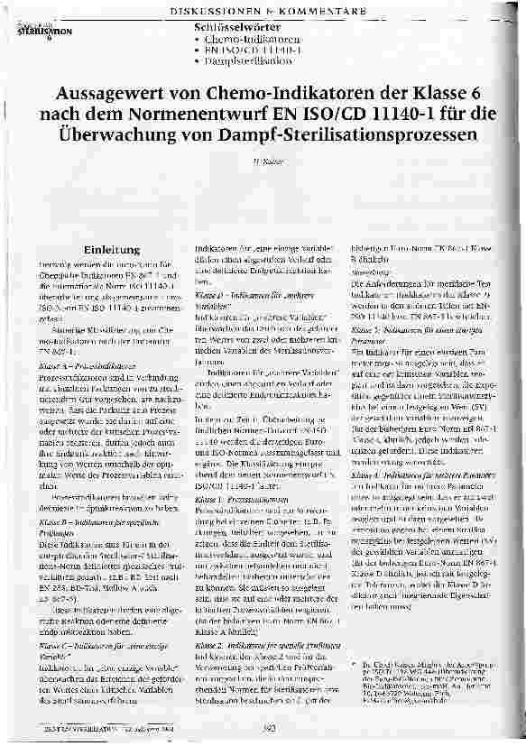 Vorschauseite 1: Aussagewert von Chemo-Indikatoren der Klasse 6 h dem Normenentwurf EN ISO/CD 11140-1 für die Überwachung von Dampf-Sterilisationsprozessen