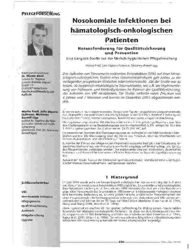 Vorschauseite 1: Nosokomiale Infektionen hämatologisch onkologischenPatientenHerausforderung für Qualitätssicherung und Prävention