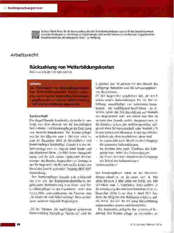 Vorschauseite 1: Rückzahlung von Weiterbildungskosten BAG vom 6. 8. 2013 (9 AZR 442/12)
