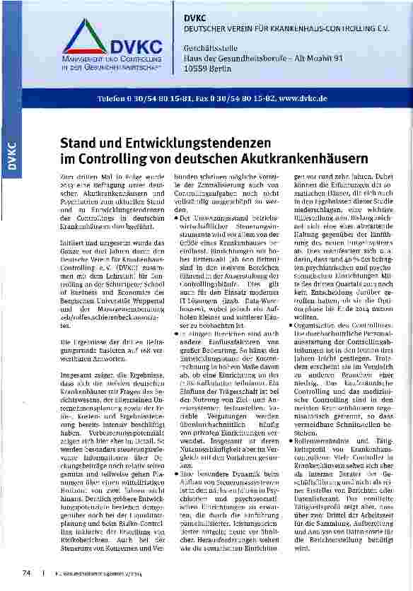 Vorschauseite 1: Stand und Entwicklungstendenzen im Controlling von deutschen Akutkrankenhäusern