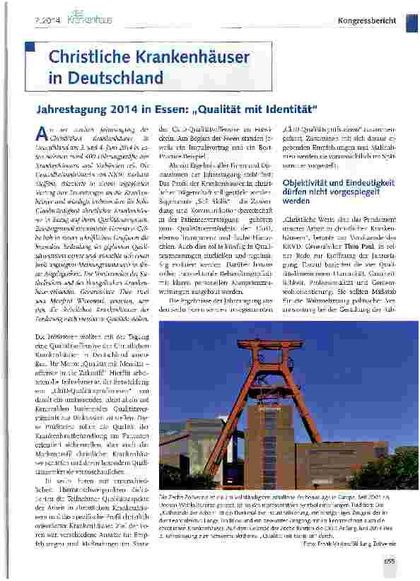 Vorschauseite 1: Christliche Krankenhäuser in Deutschland Jahrestagung 2014 in Essen: „Qualität mit Identität