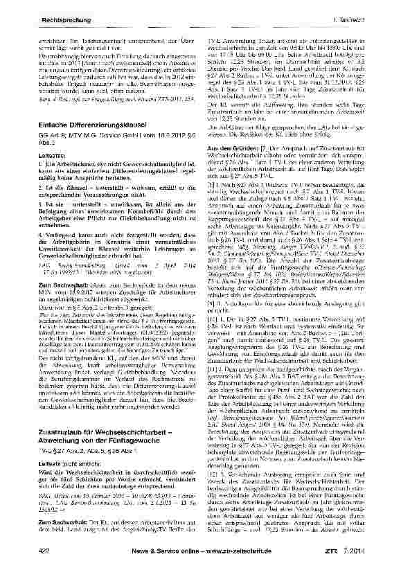 Vorschauseite 1: Zusatzurlaub für Wechselschichtarbeit -Abweichung von der Fünftagewoche TV-L §27 Abs. 2, Abs. 5, §26 Abs 1