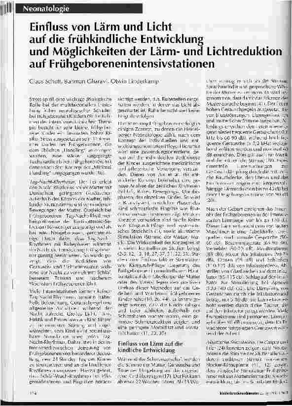 Vorschauseite 1: Einfluss von Lärm und Licht auf die frühkindliche Entwicklungund Möglichkeiten der Lärmund Lichtreduktion auf Frühgeborenenintensivstationen