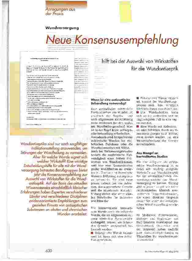 Vorschauseite 1: Neue Konsensusempfehlung hilft bei der Auswahl von Wirkstoffen für die Wundantiseptik