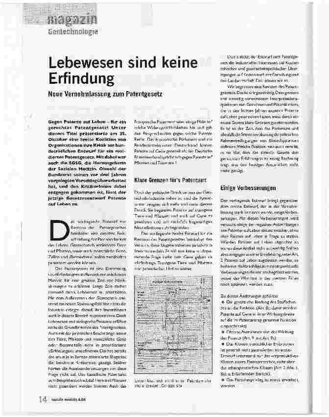 Vorschauseite 1: Lebewesen sind keine ErfindungNeue Vernehmlassung zum Patentgesetz