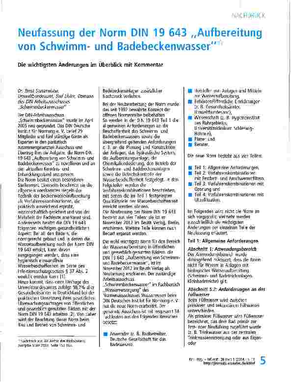 Vorschauseite 1: Neufassung der Norm DIN 19 643 „Aufbereitung von Schwimmund Badebeckenwasser Die wichtigsten Änderungen im Überblick mit Kommentar