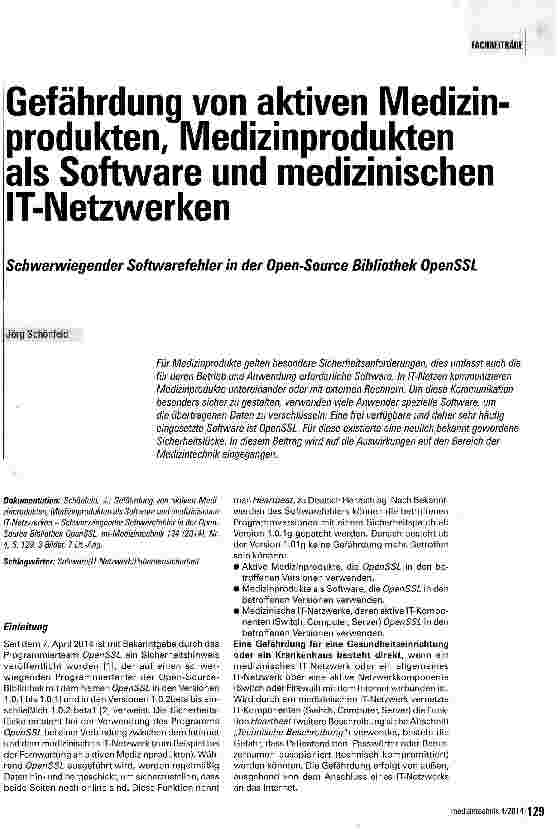 Vorschauseite 1: Gefährdung von aktiven Medizin-produkten, Medizinprodukten als Software und medizinischen IT-Netzwerken