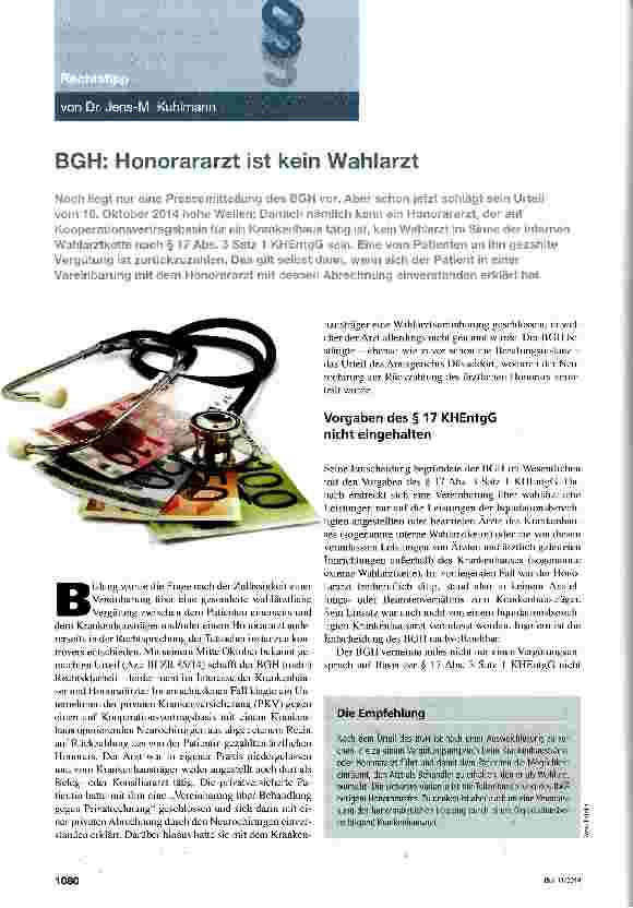 Vorschauseite 1: BGH: Honorararzt ist kein Wahlarzt