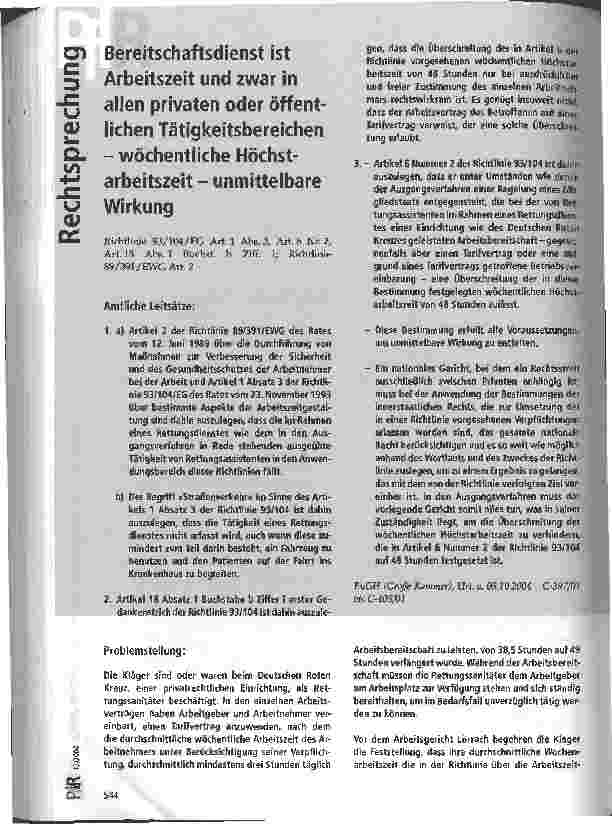 Vorschauseite 1: Bereitschaftsdienst ist Arbeitszeit und zwar in allen privaten oder öffentlichen Tätigkeitsbereichen -wöchentliche Höchstarbeitszeit - unmittelbare Wirkung