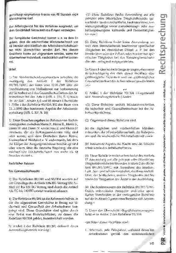 Vorschauseite 2: Bereitschaftsdienst ist Arbeitszeit und zwar in allen privaten oder öffentlichen Tätigkeitsbereichen -wöchentliche Höchstarbeitszeit - unmittelbare Wirkung