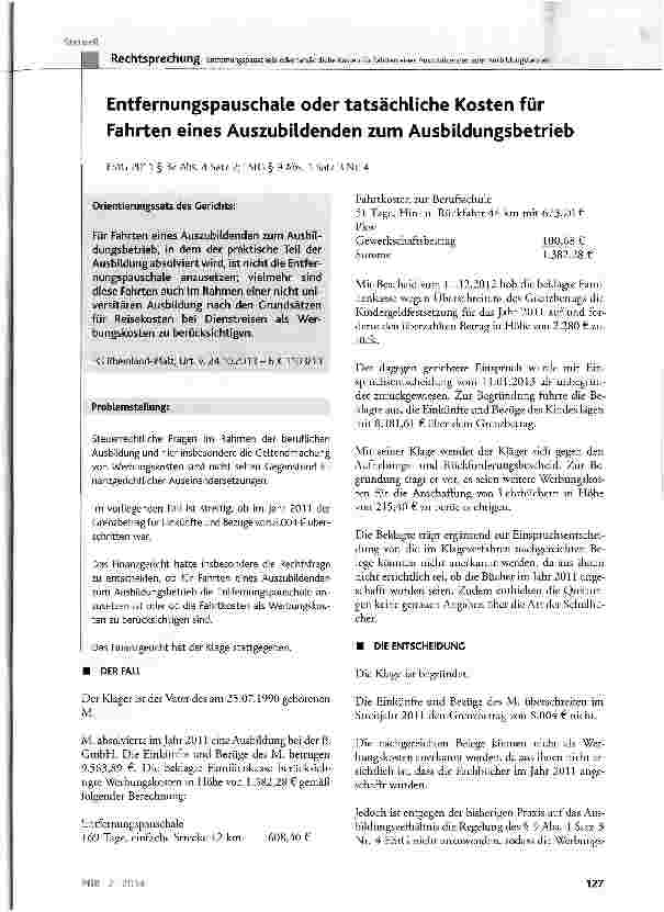 Vorschauseite 1: Entfernungspauschale oder tatsächliche Kosten für Fahrten eines Auszubildenden zum Ausbildungsbetrieb EStG 2011 § 32 Abs. 4 Satz 2; EStC § 9 Abs. 1 Satz 3 Nr. 4