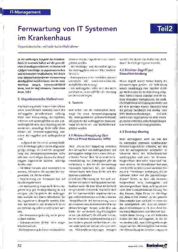 Vorschauseite 1: Fernwartung von IT Systemen im Krankenhaus
