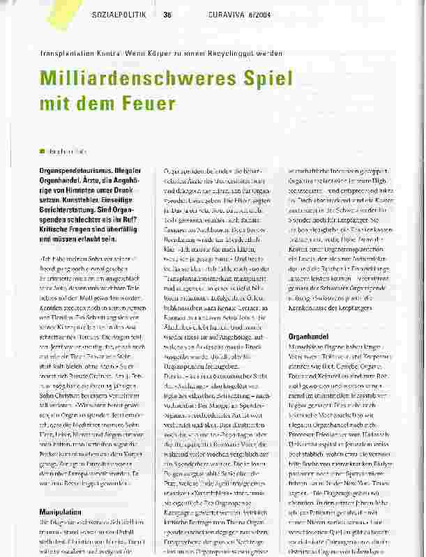 Vorschauseite 1: Milliardenschweres Spiel mit dem FeuerTransplantation Kontra: Wenn Körper zu einem Recyclinggut werden