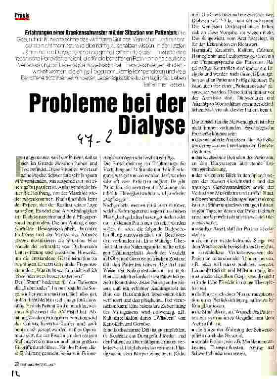 Vorschauseite 1: Probleme bei der Dialyse Erfahrungen einer Krankenschwester mit der Situation von Patienten