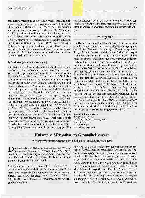 Vorschauseite 1: Unlautere Methoden im GesundheitswesenWettbewerbszentrale berichtet über Tätigkeit im Apothekenbereich 2003