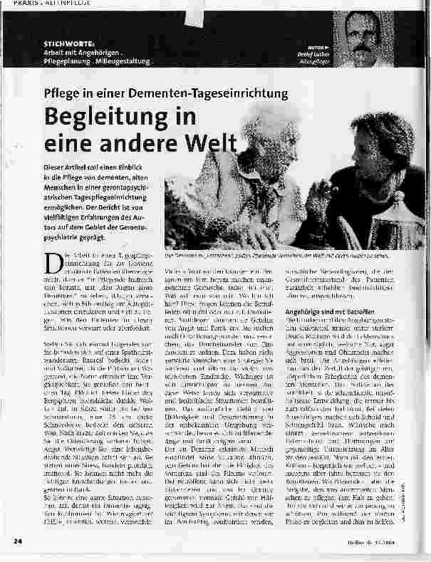 Vorschauseite 1: Pflege in einer Dementen-TageseinrichtungBegleitung in eine andere Welt