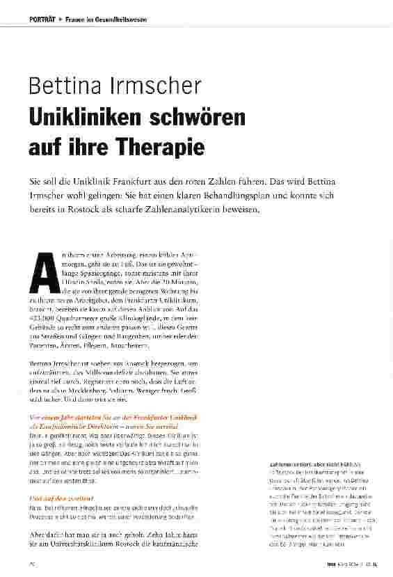 Vorschauseite 1: Bettina Irmscher Unikliniken schwören auf ihre Therapie