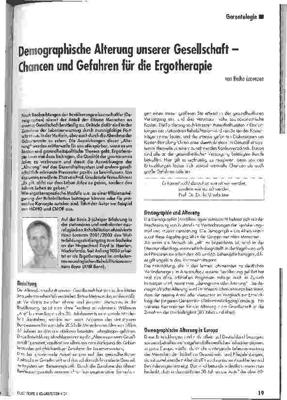 Vorschauseite 1: Demographische Alterung unserer Gesellschaft -Chancen und Gefahren für die Ergotherapie