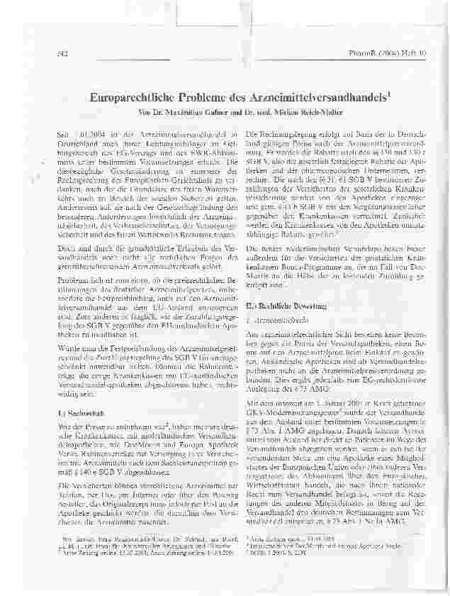 Vorschauseite 1: Europarechtliche Probleme des Arzneimittelversandhandels