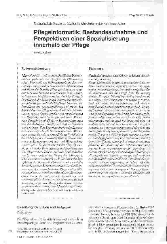 Vorschauseite 1: Pflegeinformatik: Bestandsaufnahme und Perspektiven einer Spezialisierung innerhalb der Pflege