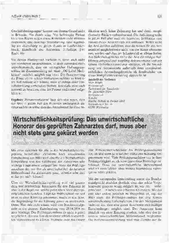 Vorschauseite 1: Wirtschaftlichkeitsprüfung: Das unwirtschaftliche Honorar des geprüften Zahnarztes darf, muss aber nicht stets ganz gekürzt werden