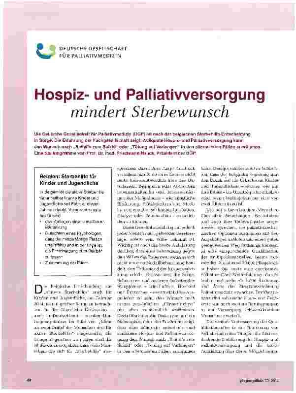 Vorschauseite 1: Hospizund Palliativversorgung mindert Sterbewunsch