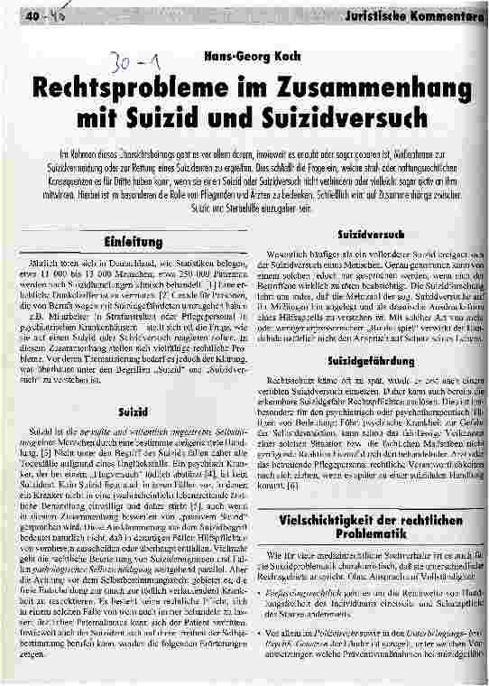 Vorschauseite 1: Rechtsprobleme im Zusammenhang mit Suizid und Suizidversuch