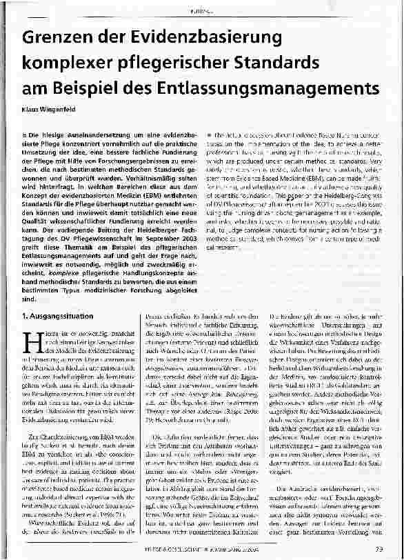 Vorschauseite 1: Grenzen der Evidenzbasierung komplexer pflegerischer Standards am Beispiel des Entlassungsmanagements