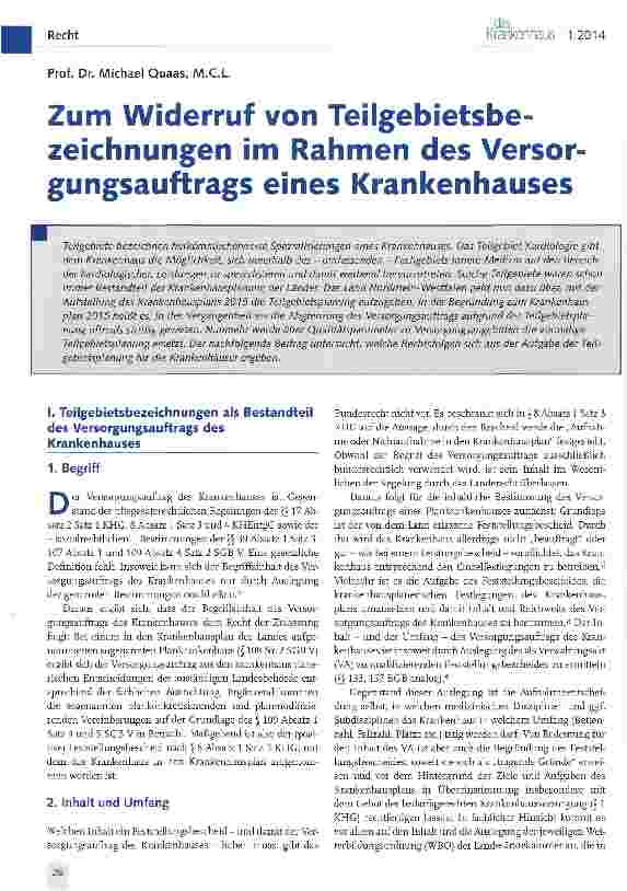 Vorschauseite 1: Zum Widerruf von Teilgebietsbezeichnungen im Rahmen des Versorgungsauftrags eines Krankenhauses