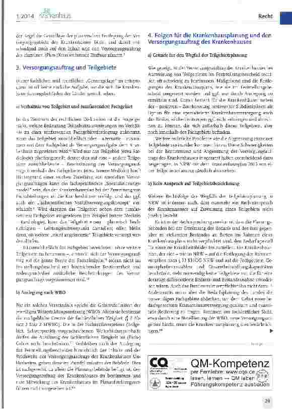 Vorschauseite 2: Zum Widerruf von Teilgebietsbezeichnungen im Rahmen des Versorgungsauftrags eines Krankenhauses