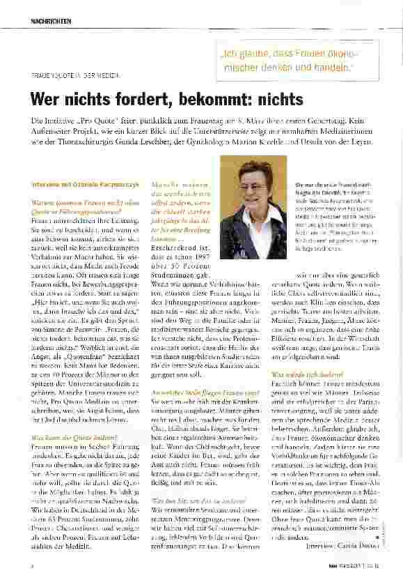 Vorschauseite 1: FRAUENQUOTE IN DER MEDIZINWer nichts fordert, bekommt: nichts