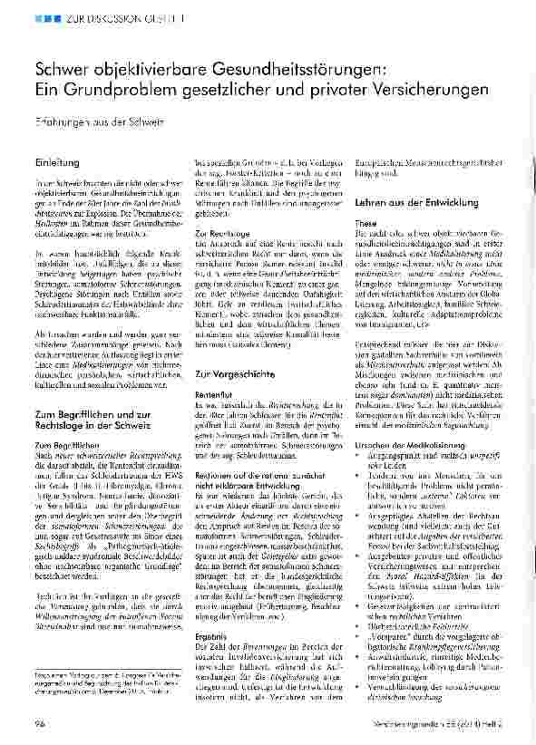 Vorschauseite 1: Schwer objektivierbare Gesundheitsstörungen:Ein Grundproblem gesetzlicher und privater Versicherungen