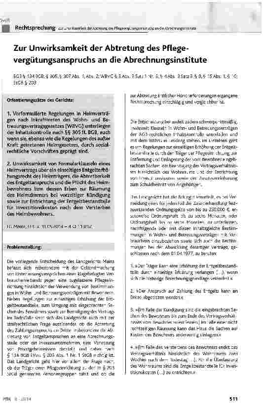 Vorschauseite 1: Zur Unwirksamkeit der Abtretung des Pflegevergütungsanspruchs an die Abrechnungsinstitute