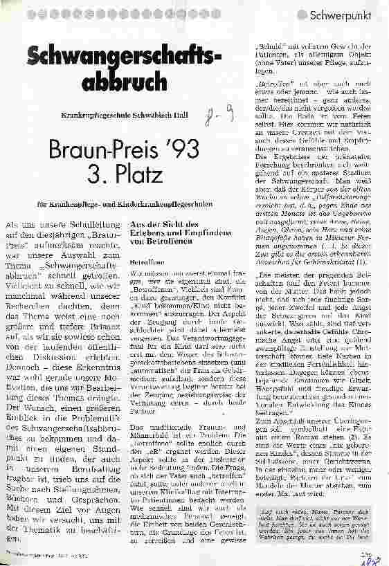 Vorschauseite 1: Schwangerschaftsabbruch Krankenpflegeschule Schäb.Hall Braun-Preis 93 3. Platz für KrPfl und Kinderkrankenpflegeschulen