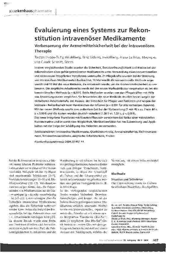 Vorschauseite 1: Evaluierung eines Systems zur Rekonstitution intravenöser MedikamenteVerbesserung der Arzneimittelsicherheit bei der intravenösen Therapie