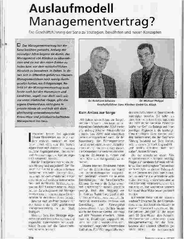 Vorschauseite 1: Auslaufmodell Managementvertrag?Die Geschäftsführung der Sana zu Strategien, bewährten und neuen Konzepten