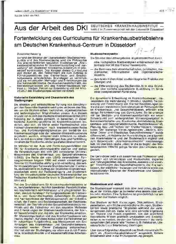 Vorschauseite 1: Aus der Arbeit des DKI: Fortentwicklung des Curriculums für Krankenhausbetriebslehre am Deutschen Krankenhaus-Centrum in Düsseldorf