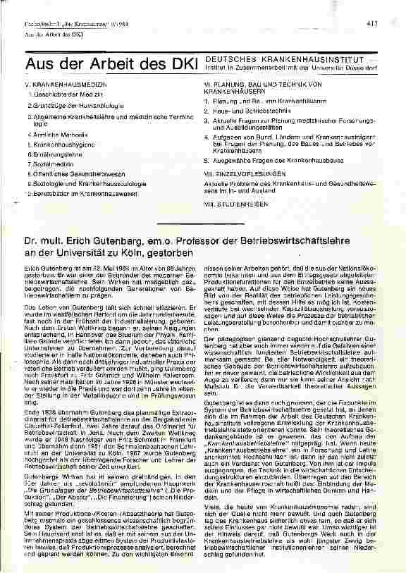 Vorschauseite 3: Aus der Arbeit des DKI: Fortentwicklung des Curriculums für Krankenhausbetriebslehre am Deutschen Krankenhaus-Centrum in Düsseldorf