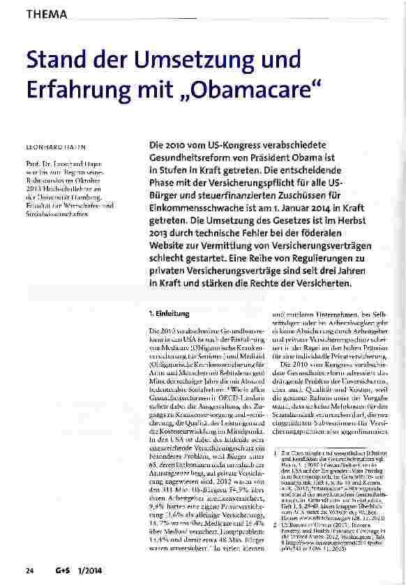 Vorschauseite 1: Stand der Umsetzung und Erfahrung mit Obamacare