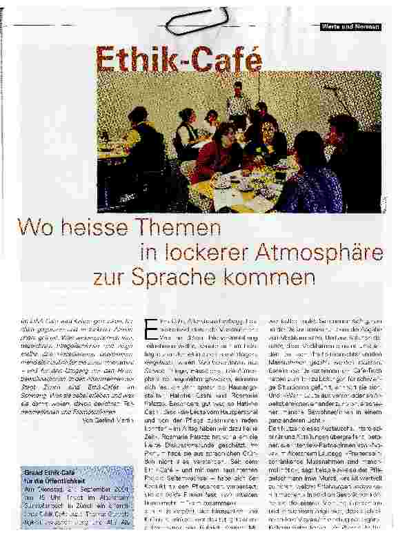 Vorschauseite 1: Ethik-Café. Wo heisse Themen in lockerer Atmosphäre zur Sprache kommen