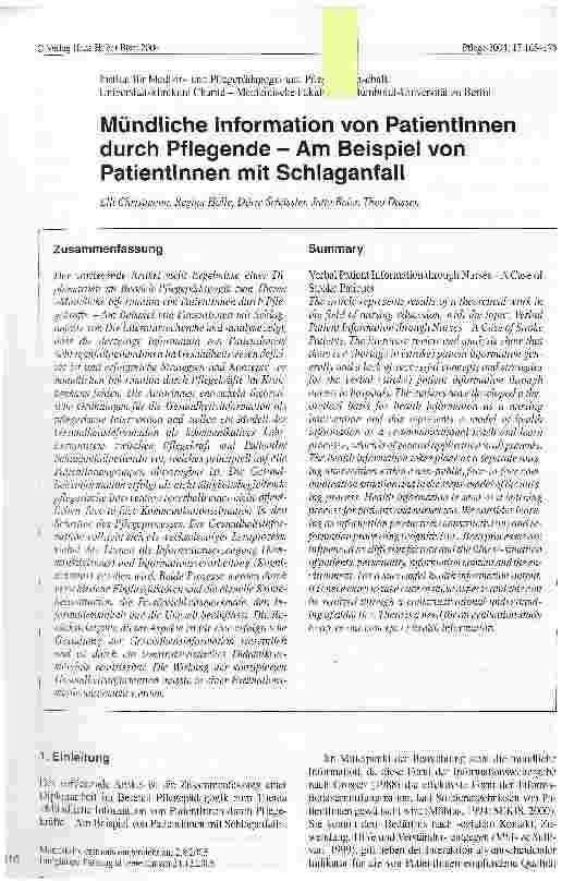 Vorschauseite 1: Mündliche Information von Patientinnen durch Pflegende - Am Beispiel von Patientinnen mit Schlaganfall