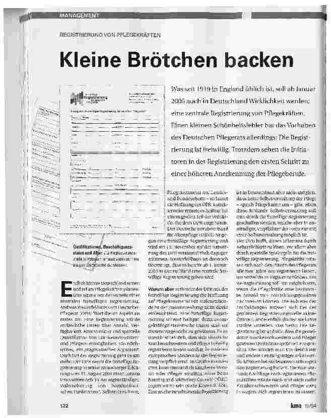 Vorschauseite 1: Kleine Brötchen backen. Registrierung von Pflegekräften
