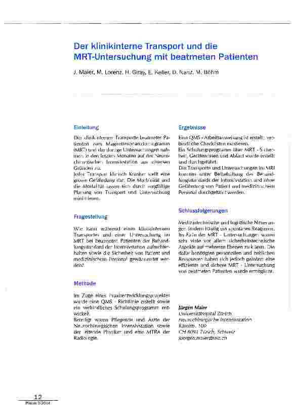 Vorschauseite 1: Der klinikinterne Transport und die MRT-Untersuchung mit beatmeten Patienten